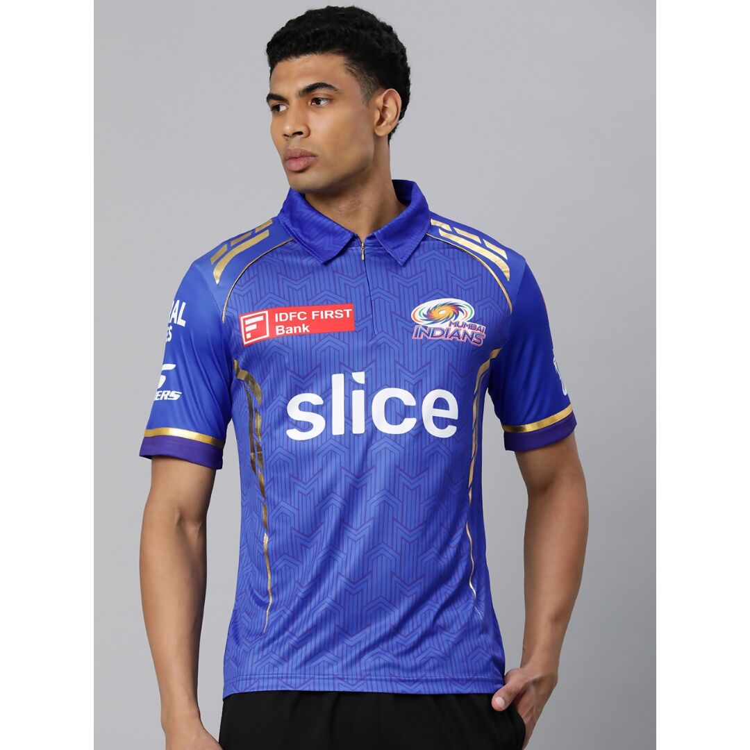 playR Men Printed Polo Collar Dri-FIT MI Official Match Jersey T-shirt IPL, T20 | Swadesiicart