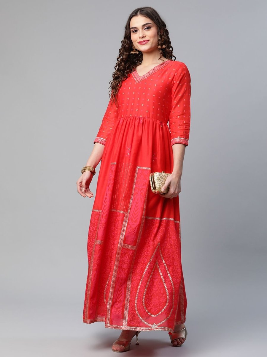 Ahalyaa Women Red Chanderi Khari Printed Dress | Swadesiicart