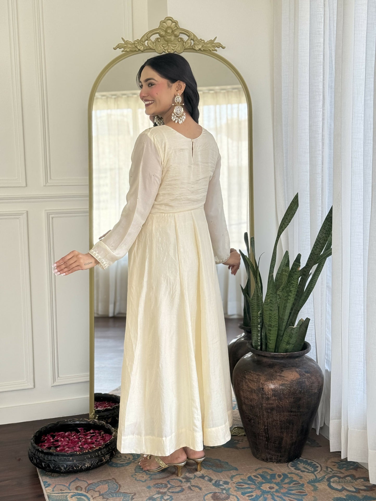 The52 CreamWomen's Gorgeous Embroidered Vichitra Silk Fabric Flared Kurta Pant with Dupatta Set - Swadesiicart