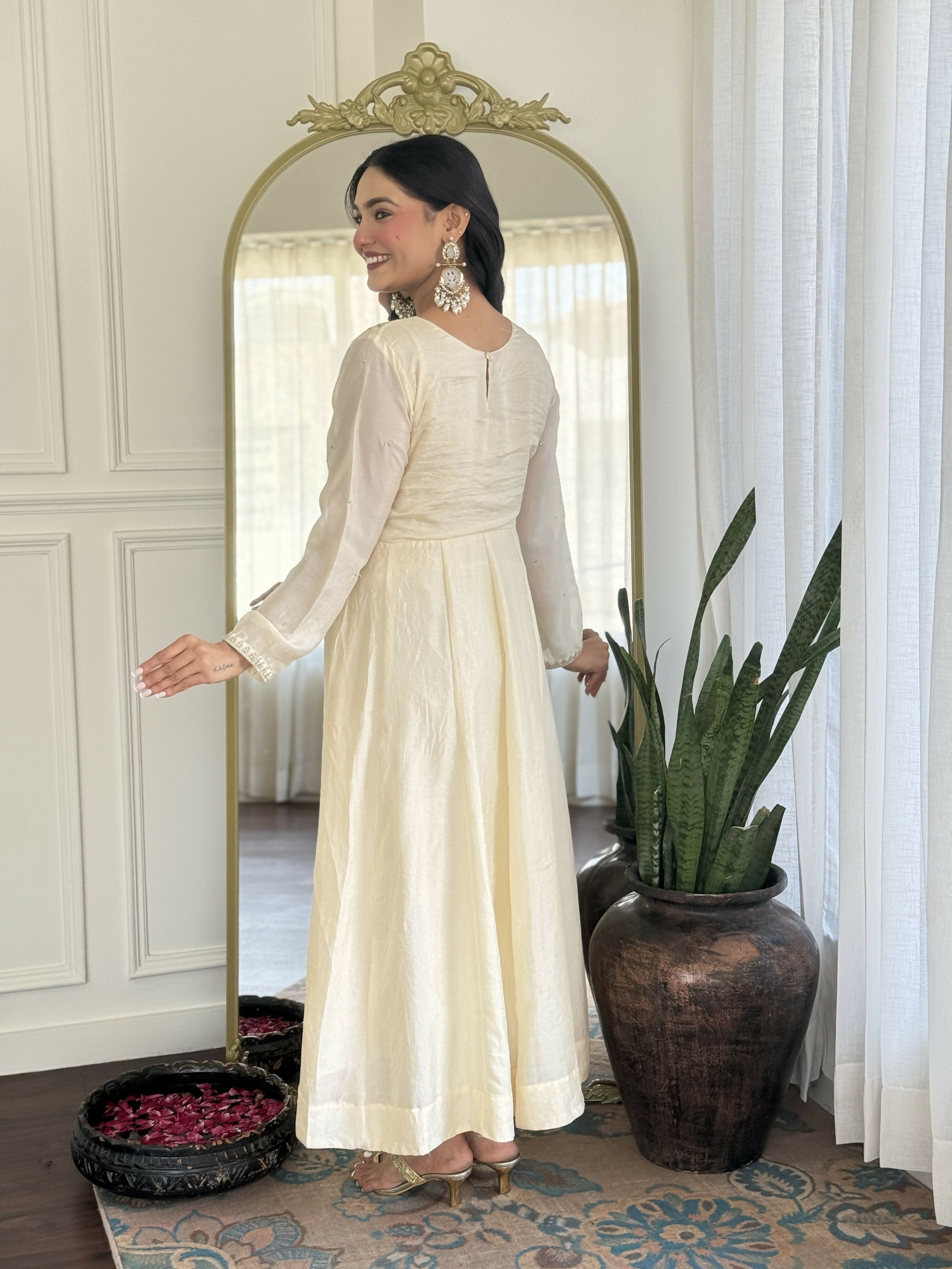 The52 CreamWomen's Gorgeous Embroidered Vichitra Silk Fabric Flared Kurta Pant with Dupatta Set - Swadesiicart