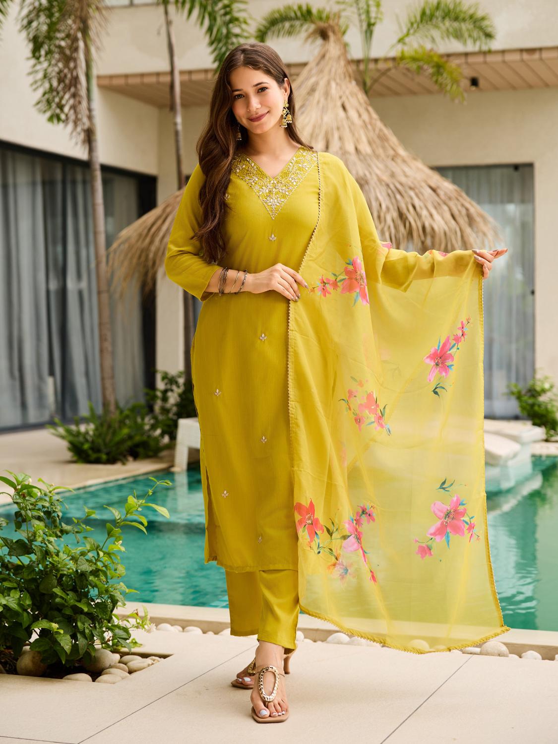 The52 Yellow Embroidered Rayon Slub Fabric Straight Kurta, Pant and Dupatta Set - Swadesiicart