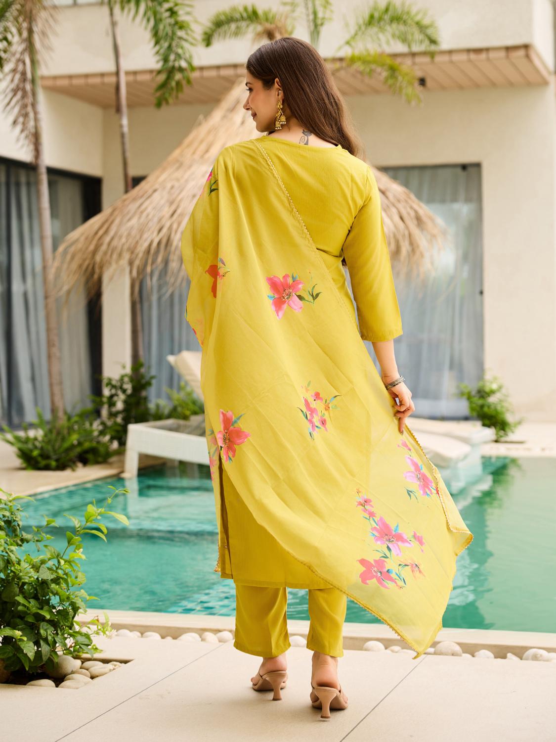 The52 Yellow Embroidered Rayon Slub Fabric Straight Kurta, Pant and Dupatta Set - Swadesiicart