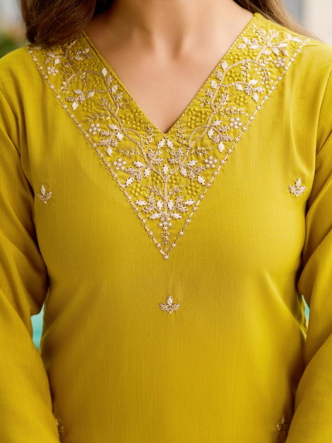 The52 Yellow Embroidered Rayon Slub Fabric Straight Kurta, Pant and Dupatta Set - Swadesiicart