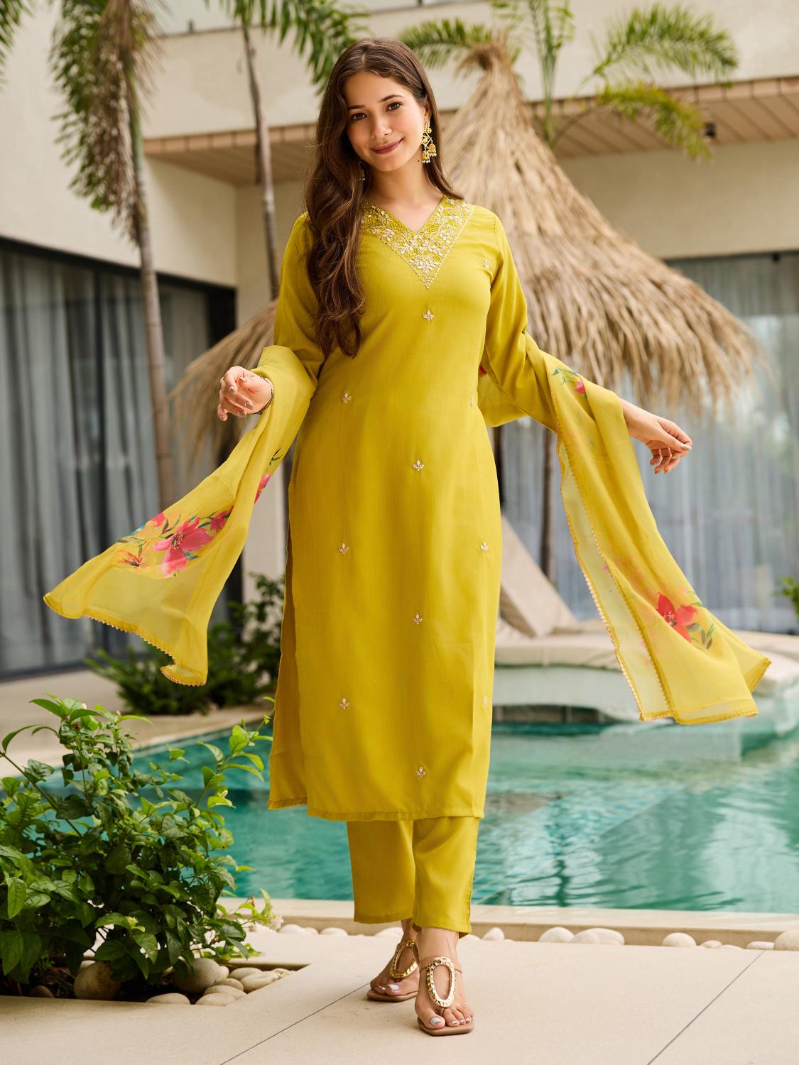 The52 Yellow Embroidered Rayon Slub Fabric Straight Kurta, Pant and Dupatta Set - Swadesiicart