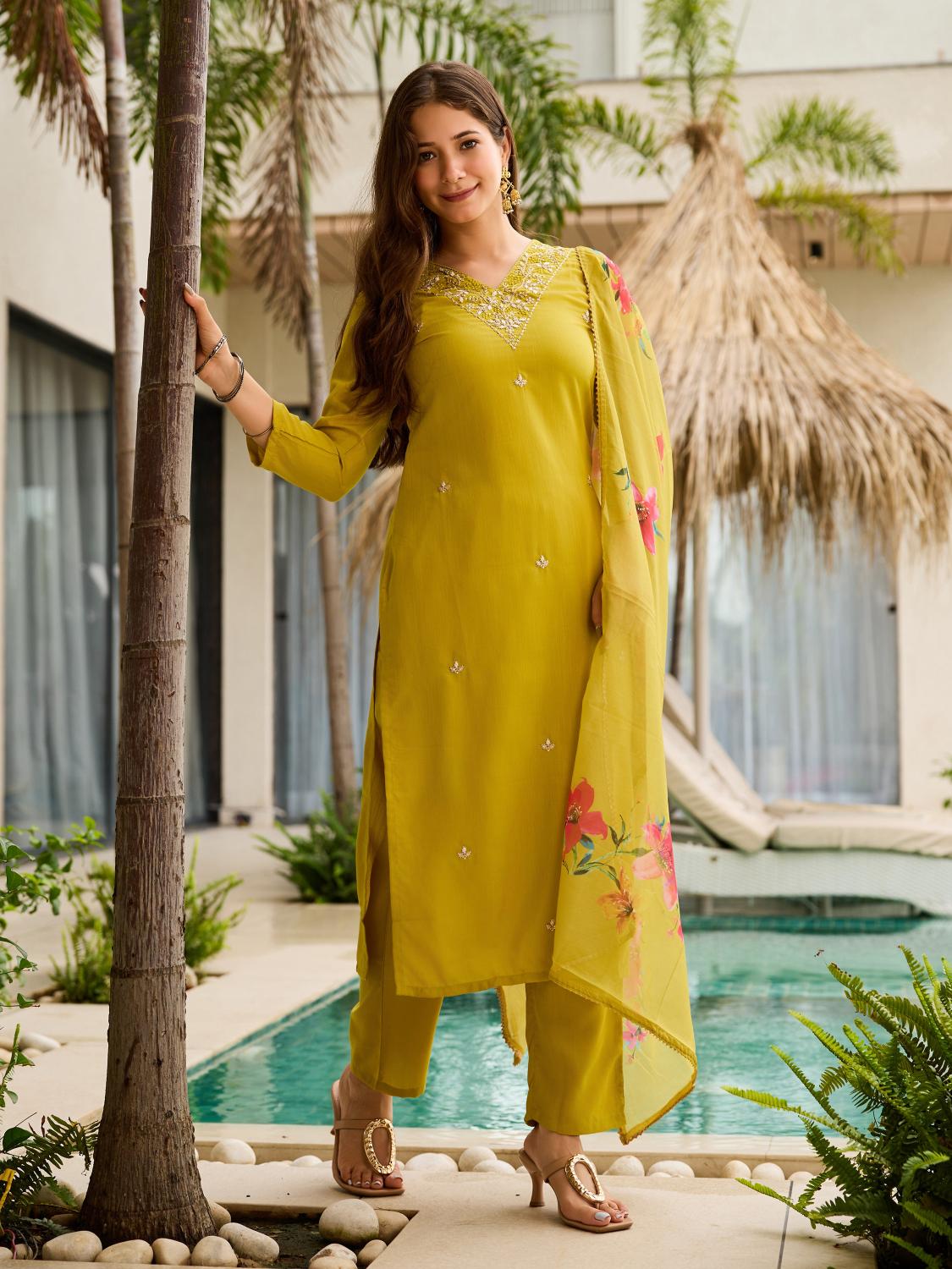 The52 Yellow Embroidered Rayon Slub Fabric Straight Kurta, Pant and Dupatta Set - Swadesiicart