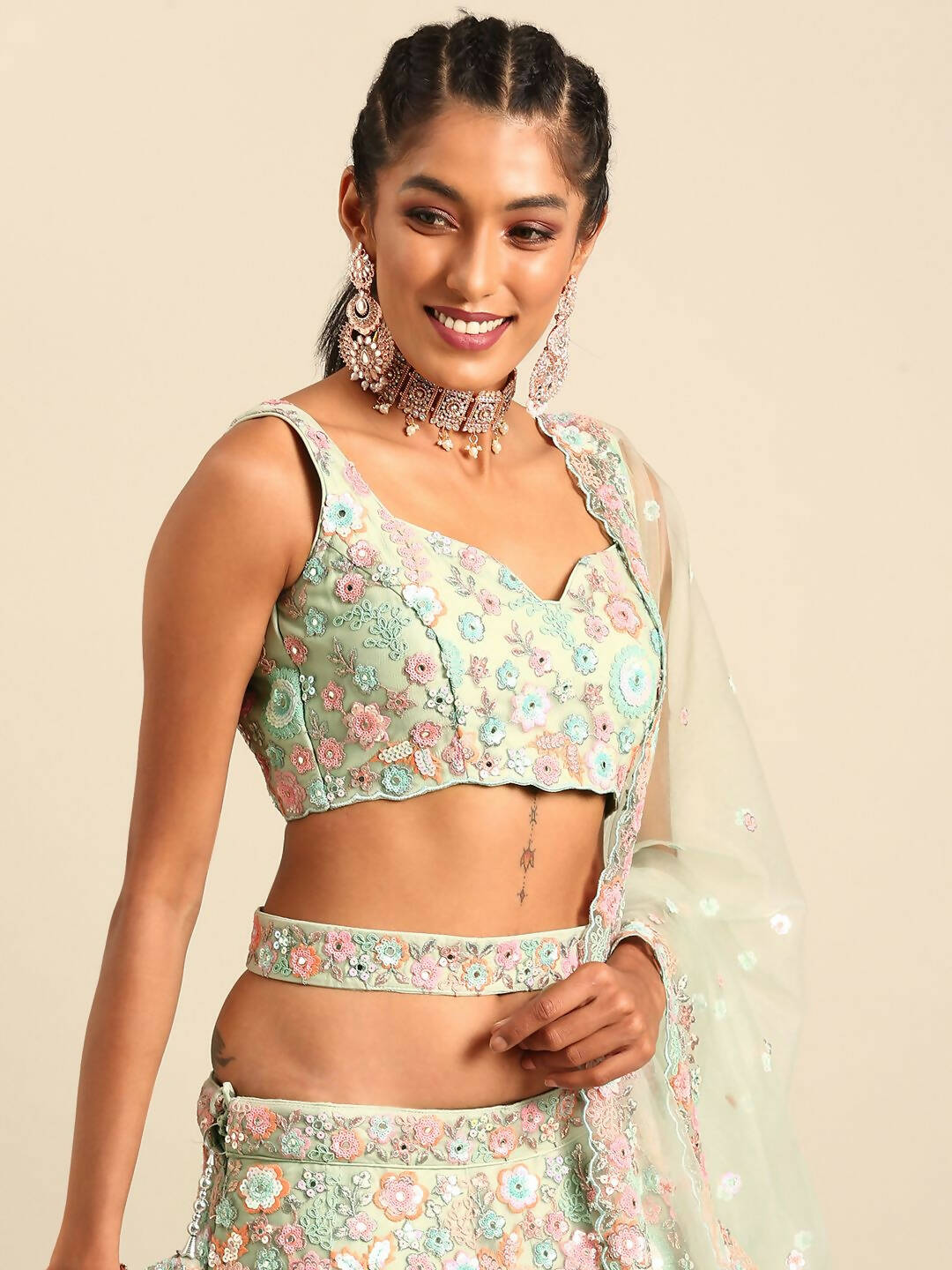 House of Panchhi Lime Green Net Sequins, Mirror and thread embroidery Lehenga choli & Dupatta | Swadesiicart
