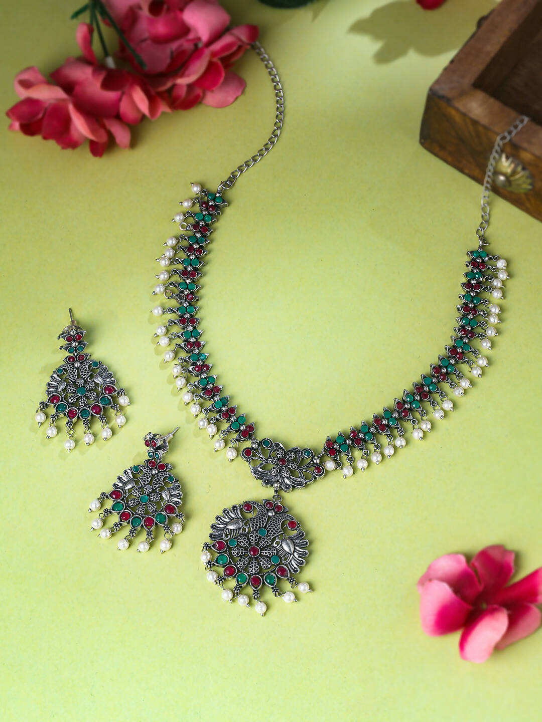 NVR Women Stone Studded Oxidised Silver Jewellery Set - Swadesiicart