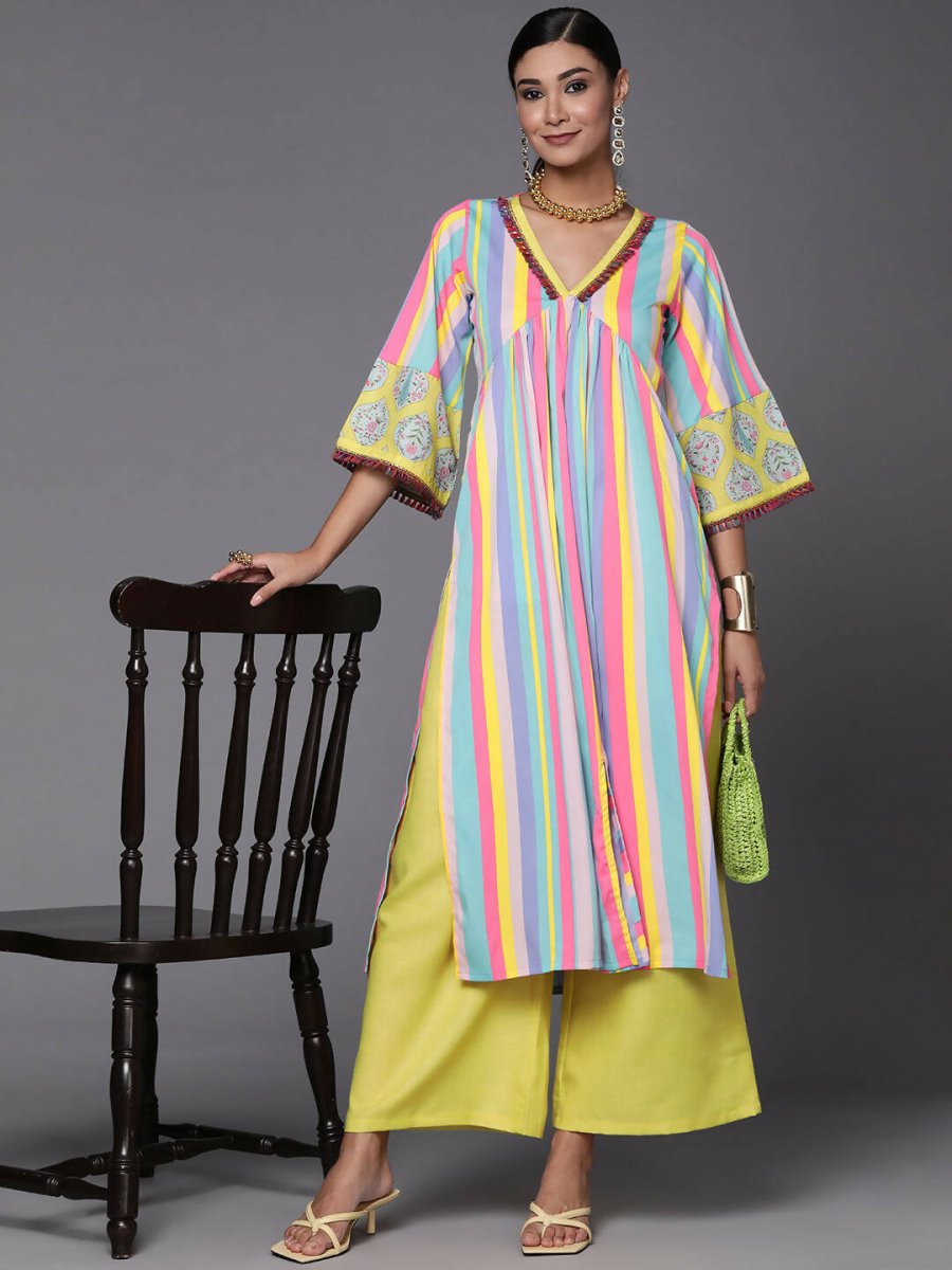 Ahalyaa Women Neon Green & Blue Candy Striped Kurta with Palazzos | Swadesiicart