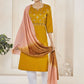 Jyoti Fashion Women's Mustard Pure Viscose Weaving Stripe with Embroidery Kurta Set | Swadesiicart