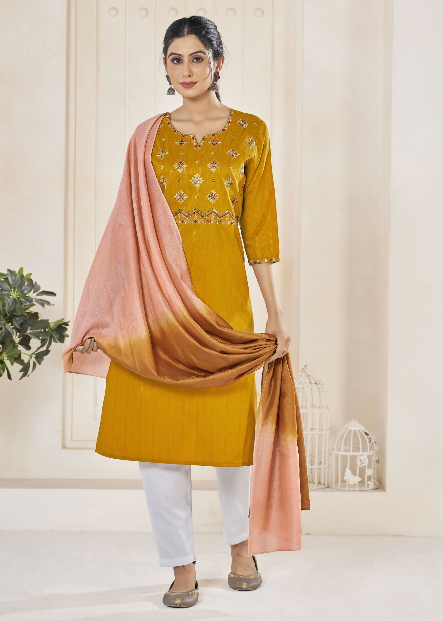 Jyoti Fashion Women's Mustard Pure Viscose Weaving Stripe with Embroidery Kurta Set | Swadesiicart