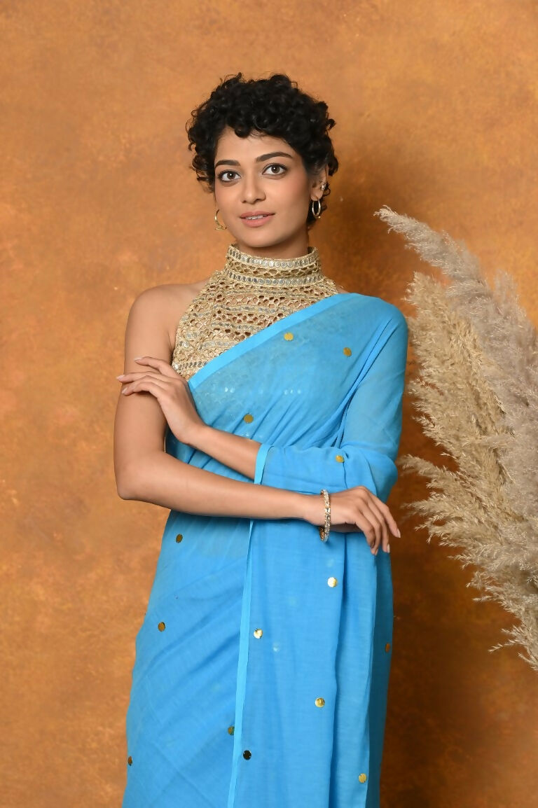 Very Much Indian Pure Mul Cotton Handloom Saree - Sky Blue | Swadesiicart
