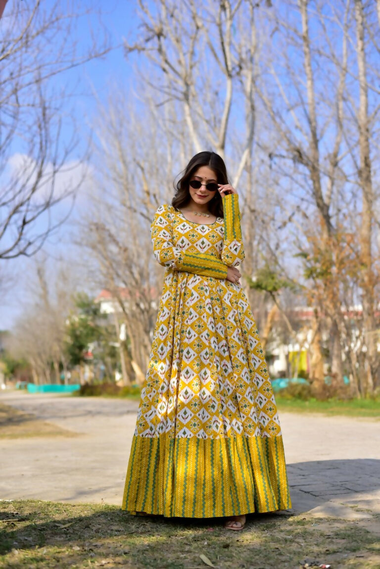 Jyoti Fashion Women's Mustard Heavy Digital Printed Cotton Silk Anarkali Dress | Swadesiicart