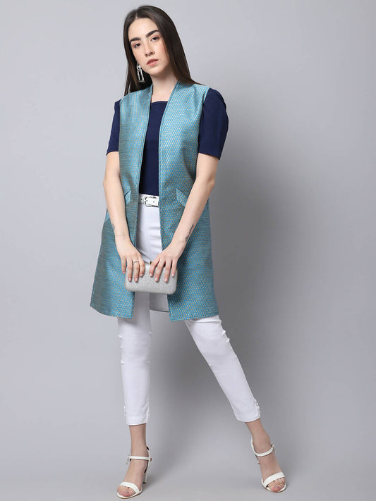 Even Apparels Blue Bansari Silk Open Front Women's Long Coat | Swadesiicart
