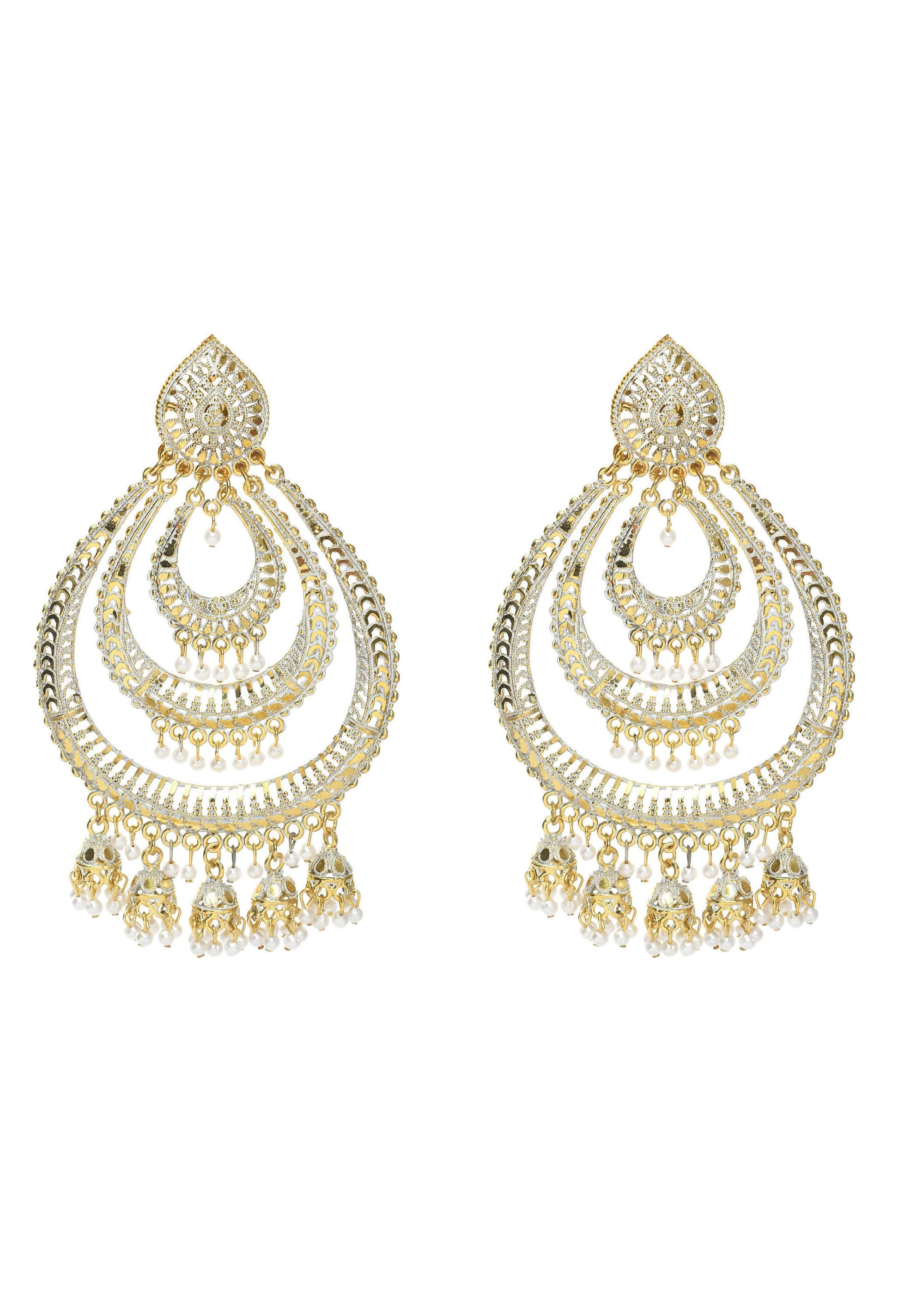 Mominos Fashion Johar Kamal Triple Circle White With Red Golden Big Size Earrings - Swadesiicart