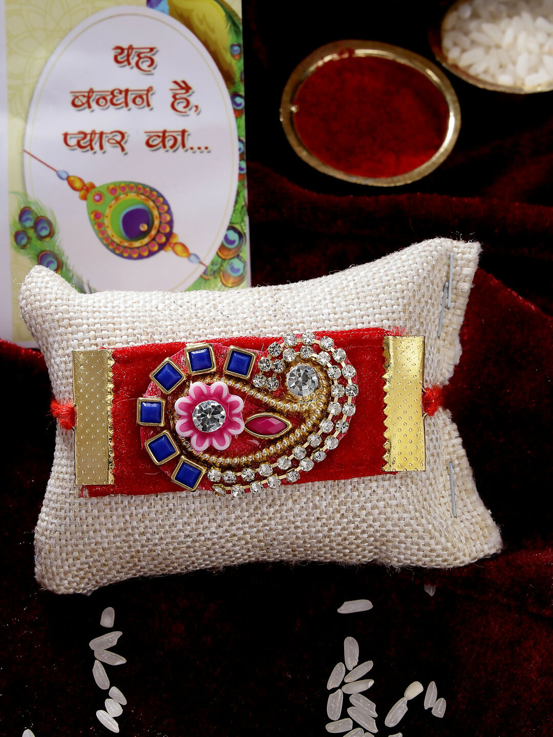 NVR Men Red Stone-Studded Rakhi With Roli Chawal | Swadesiicart