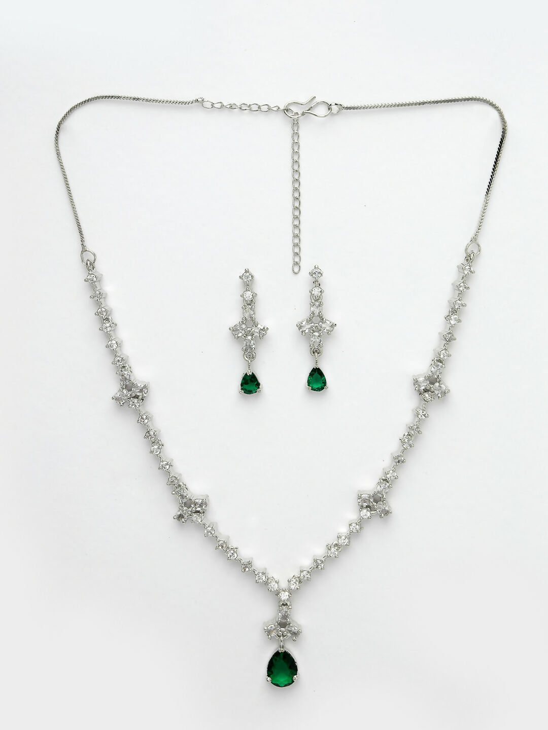 NVR Women's Silver-Plated Green American Diamond Studded Jewellery Set - Swadesiicart