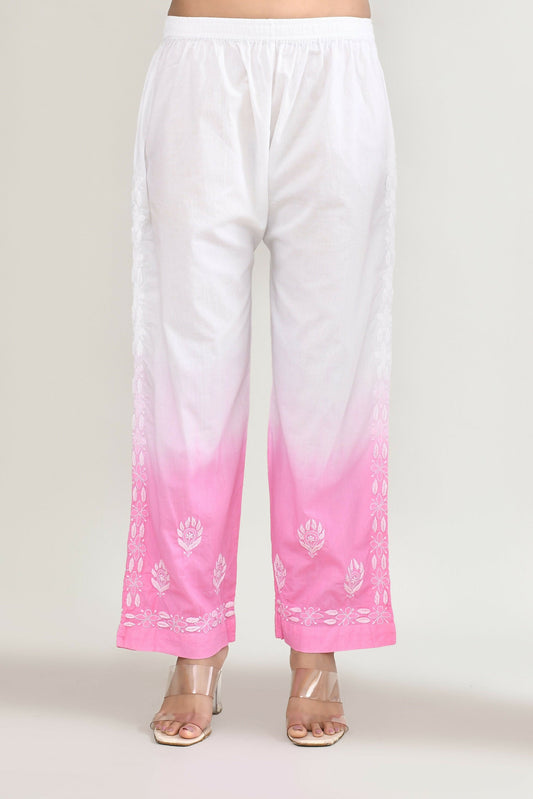 Joban Fashion Womens Cotton ChikanKari Pink & White Cord set - Swadesiicart