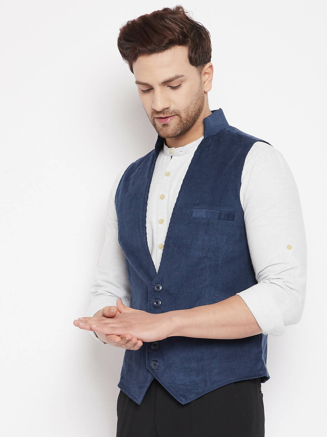 Even Apparels Blue Merino Men Woven Nehru Jacket | Swadesiicart