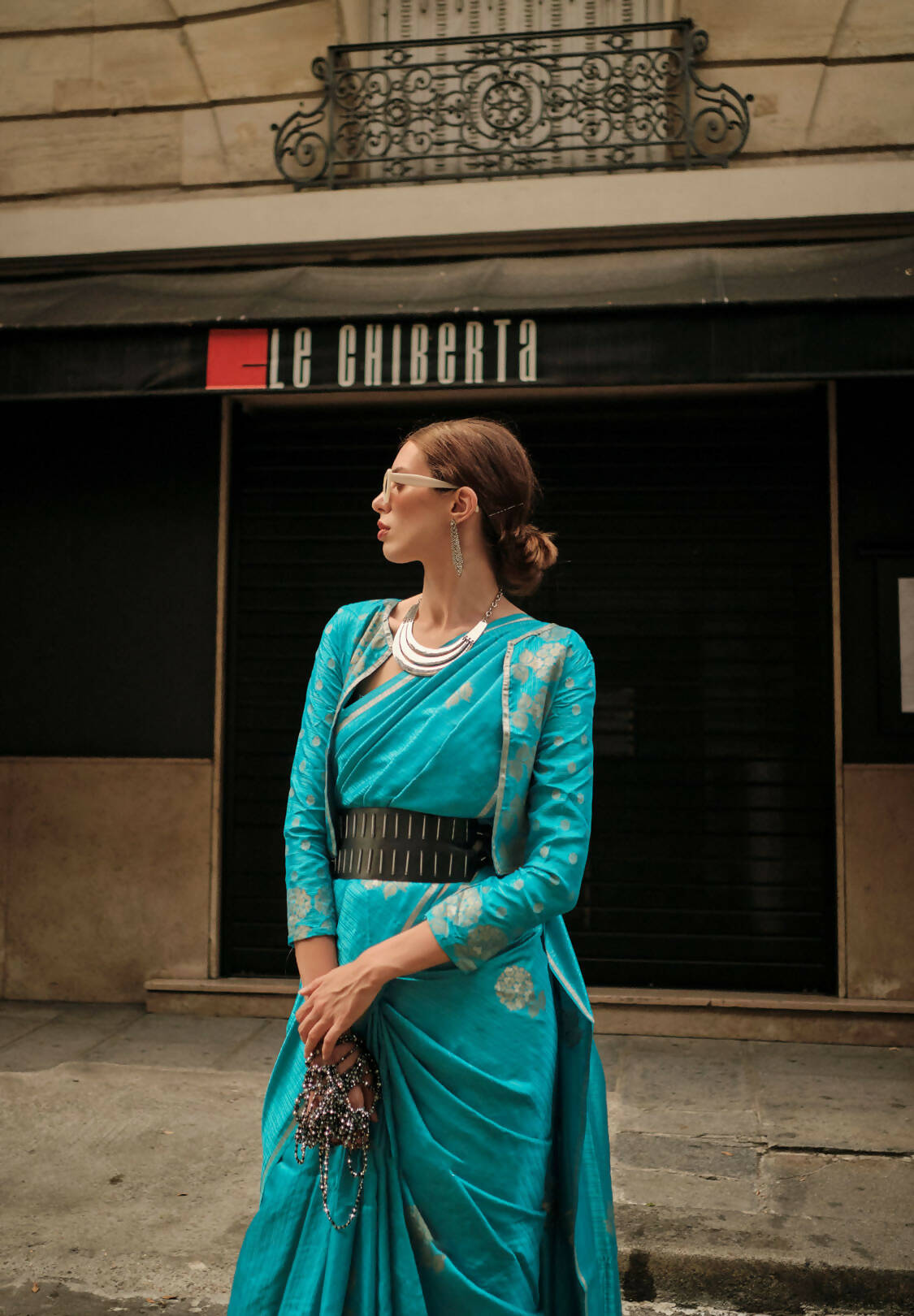Firozi Blue Weavead Thread & Zari Work, Handloom Weaving Banarasi Satin Silk Saree - Rajtex Kronicle Silk - Swadesiicart