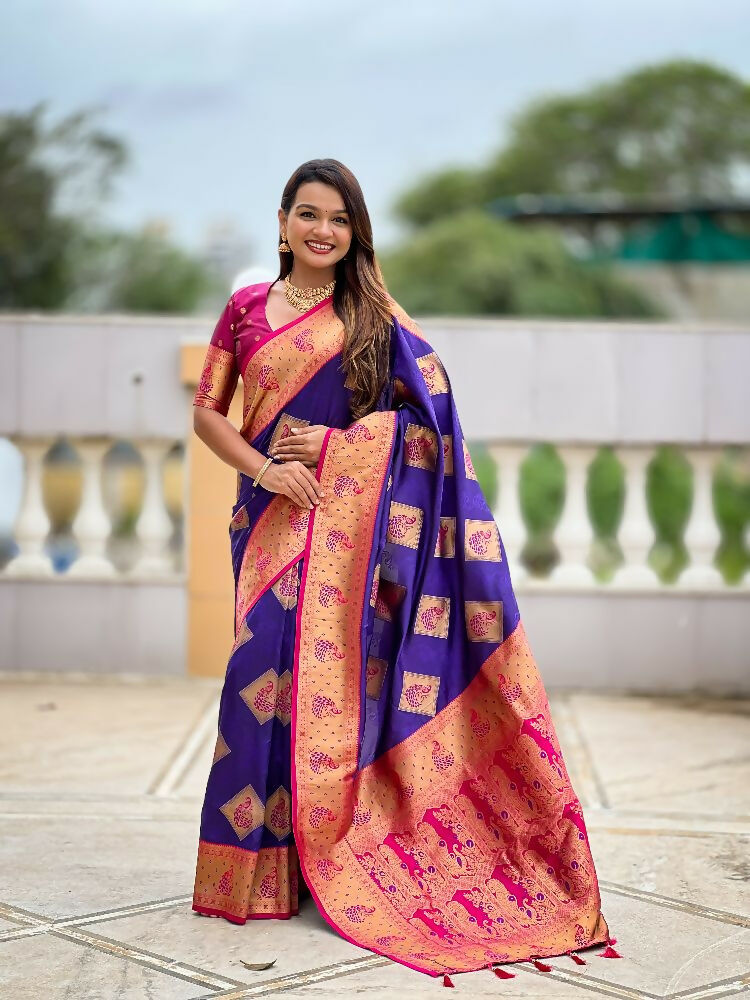 PR Fashion Violet Soft Banarasi Silk With Zari Weaving Meenakari Design Saree | Swadesiicart