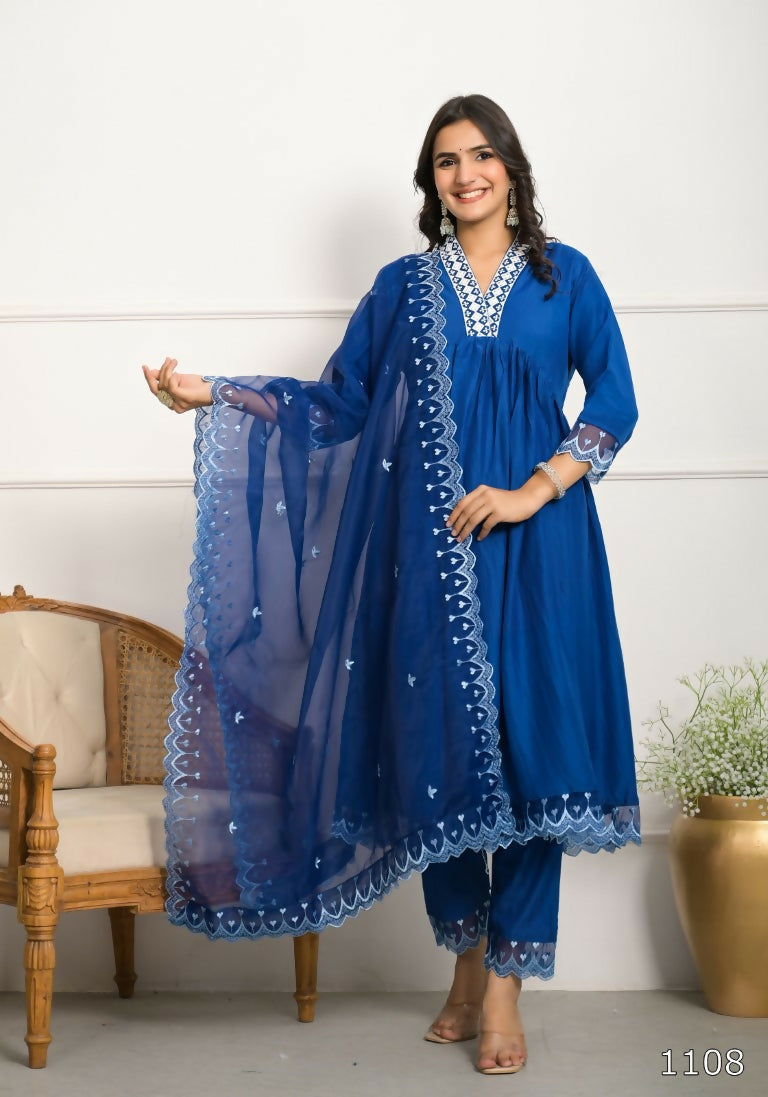 Festive Wear Ethnic Blue Silk wih cotton inner Stitched Suit With Dupatta - Tanisha | Swadesiicart
