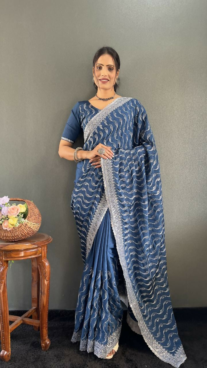 Vastranavya Sea Blue Chinnon Silk Embroidery Multi Sequence & Arco Cut Work Ready to Wear Saree | Swadesiicart