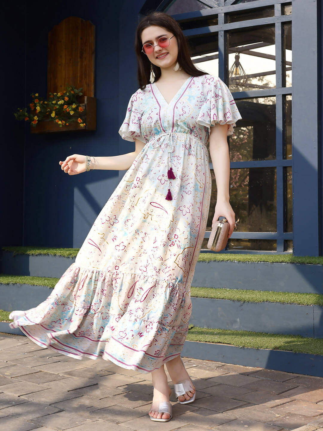 Off white Rayon Foil Printed Long Dress - Michan | Swadesiicart