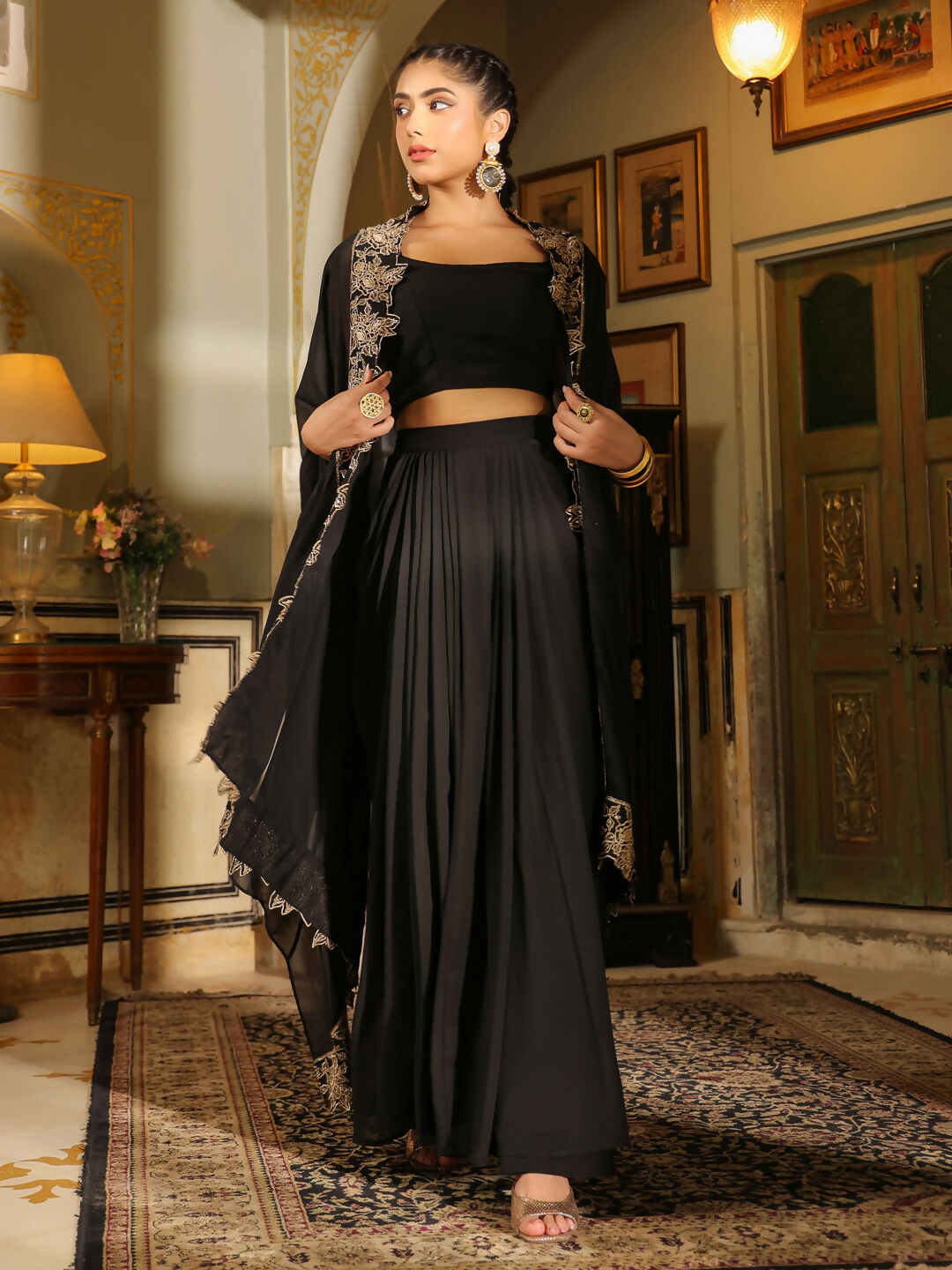 Janasya Black Georgette Solid Top Bottom Cape | Swadesiicart