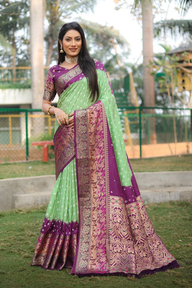 Anaita Light Green Woven Design Pure Bandhej Kanjivaram Soft Silk Saree