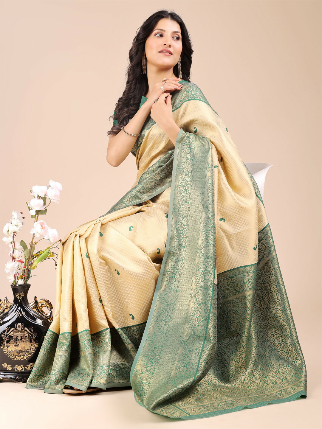 Astita Aura Silk Cream Green Banarasi Silk Saree | Swadesiicart