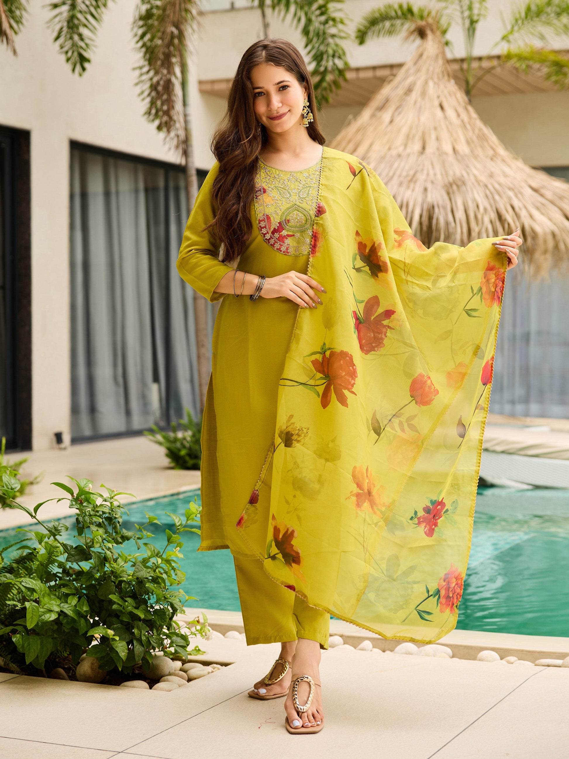 The52 Women Embroidered Rayon Fabric Straight Kurta, Pant and Dupatta Set - Swadesiicart