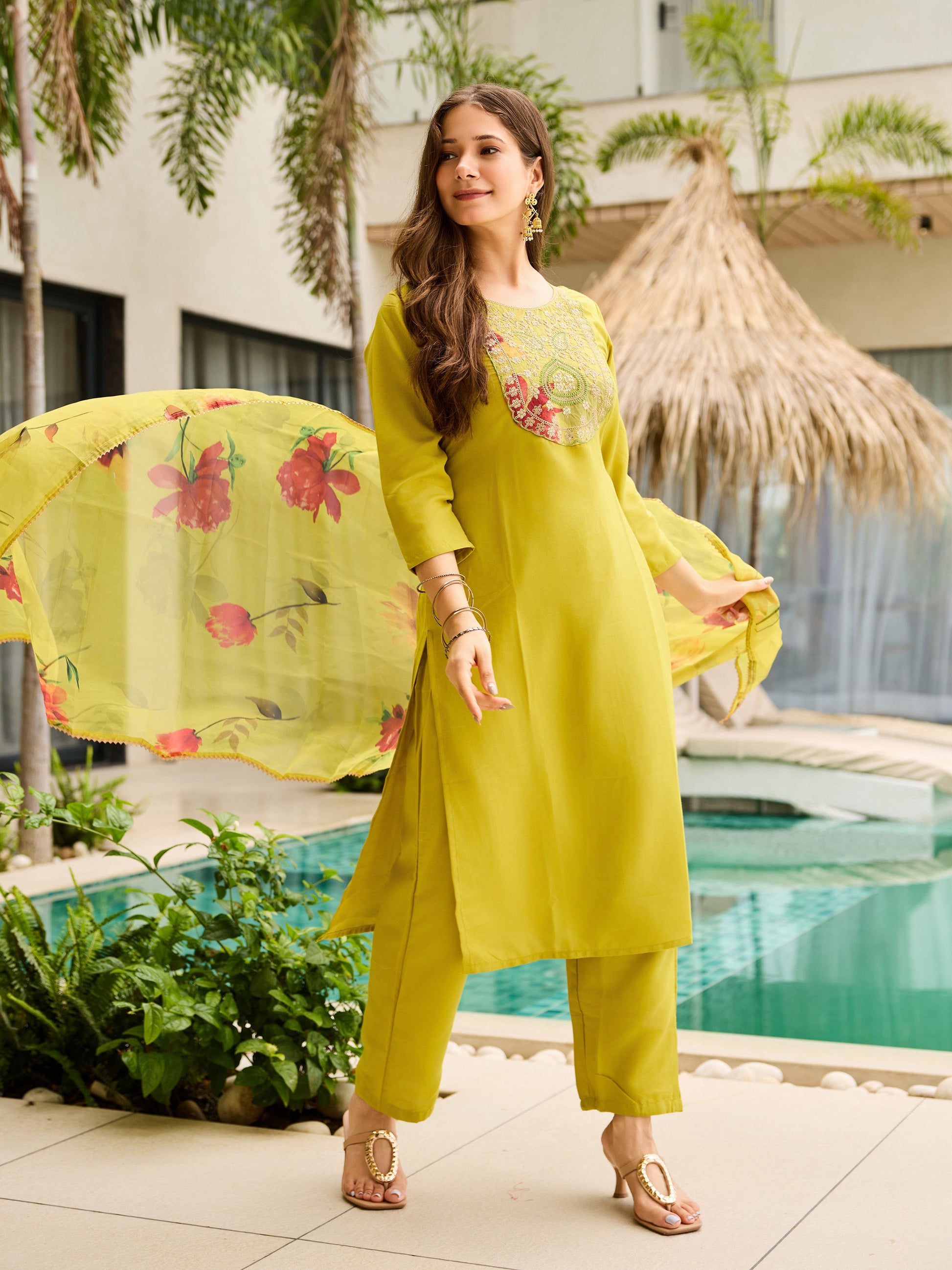 The52 Women Embroidered Rayon Fabric Straight Kurta, Pant and Dupatta Set - Swadesiicart