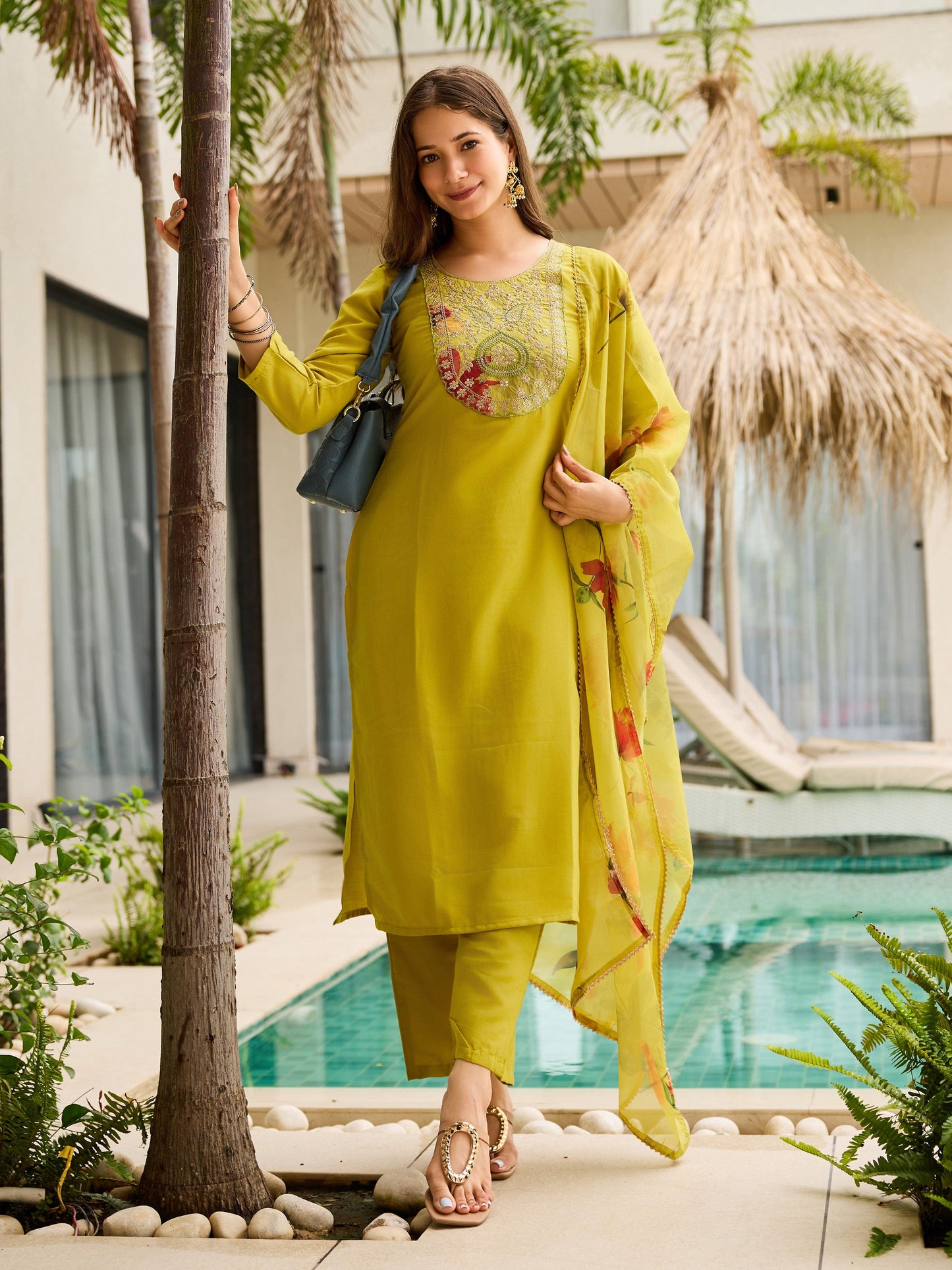 The52 Women Embroidered Rayon Fabric Straight Kurta, Pant and Dupatta Set - Swadesiicart