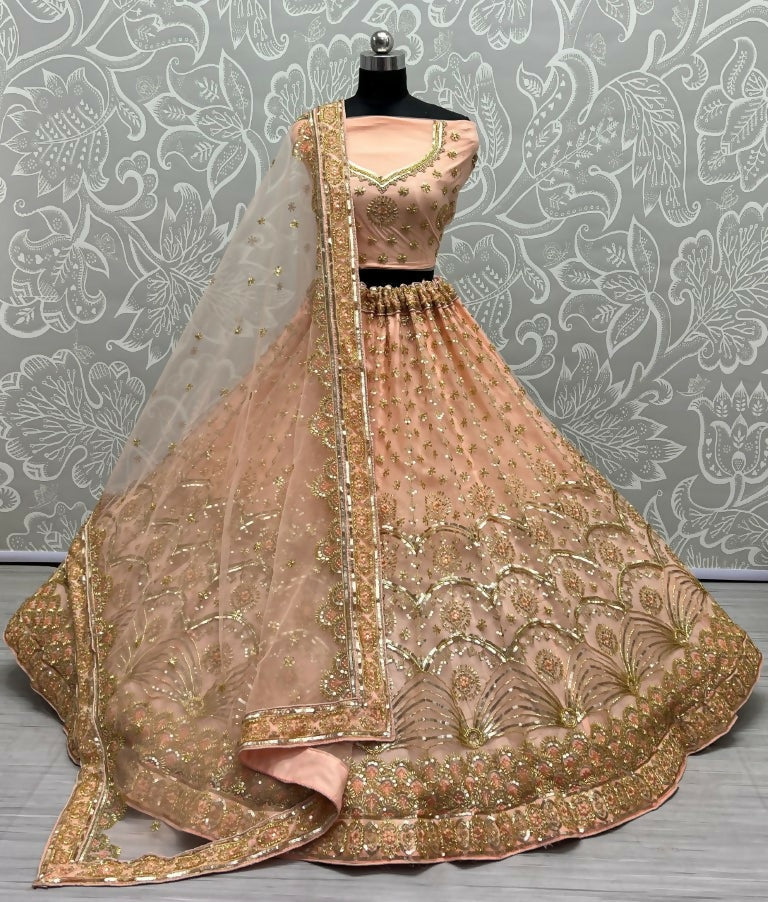 Jyoti Fashion Women's Peach Bridal Net Fancy Sequins with Multi Thread Embroidered & Handwork Wedding Lehenga Choli | Swadesiicart