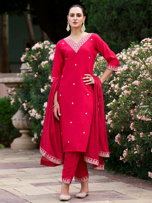 The52 Red Women's Gorgeous Embroidered Rayon Slub Fabric Straight Kurta Pant with Dupatta Set - Swadesiicart