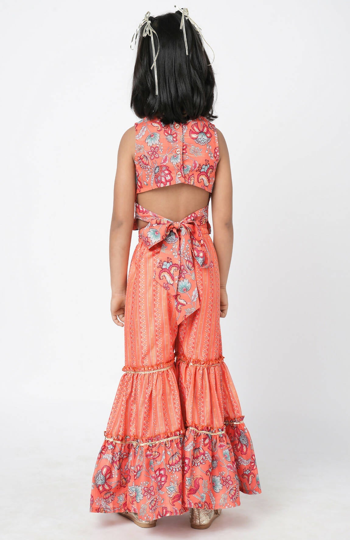 Lil Drama Golden Weaves Orange Crop Top With Palazzo Co-Ordinate Set - Swadesiicart