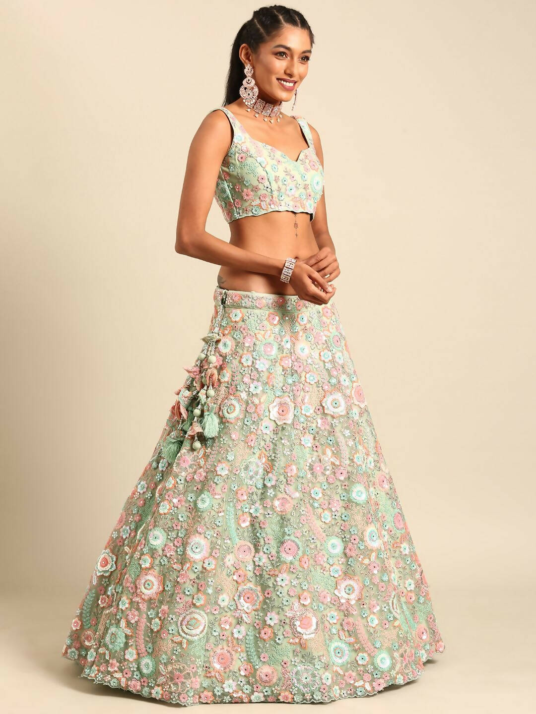 House of Panchhi Lime Green Net Sequins, Mirror and thread embroidery Lehenga choli & Dupatta | Swadesiicart