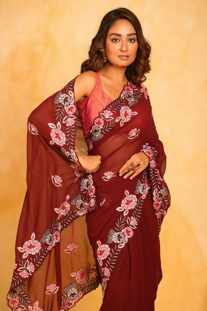 Vamsee Annie Maroon Georgette Silk Saree - Swadesiicart
