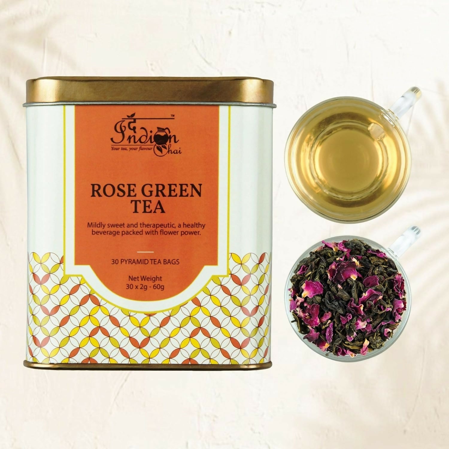 The Indian Chai - Rose Green Tea 30 Pyramid Tea Bags | Swadesiicart