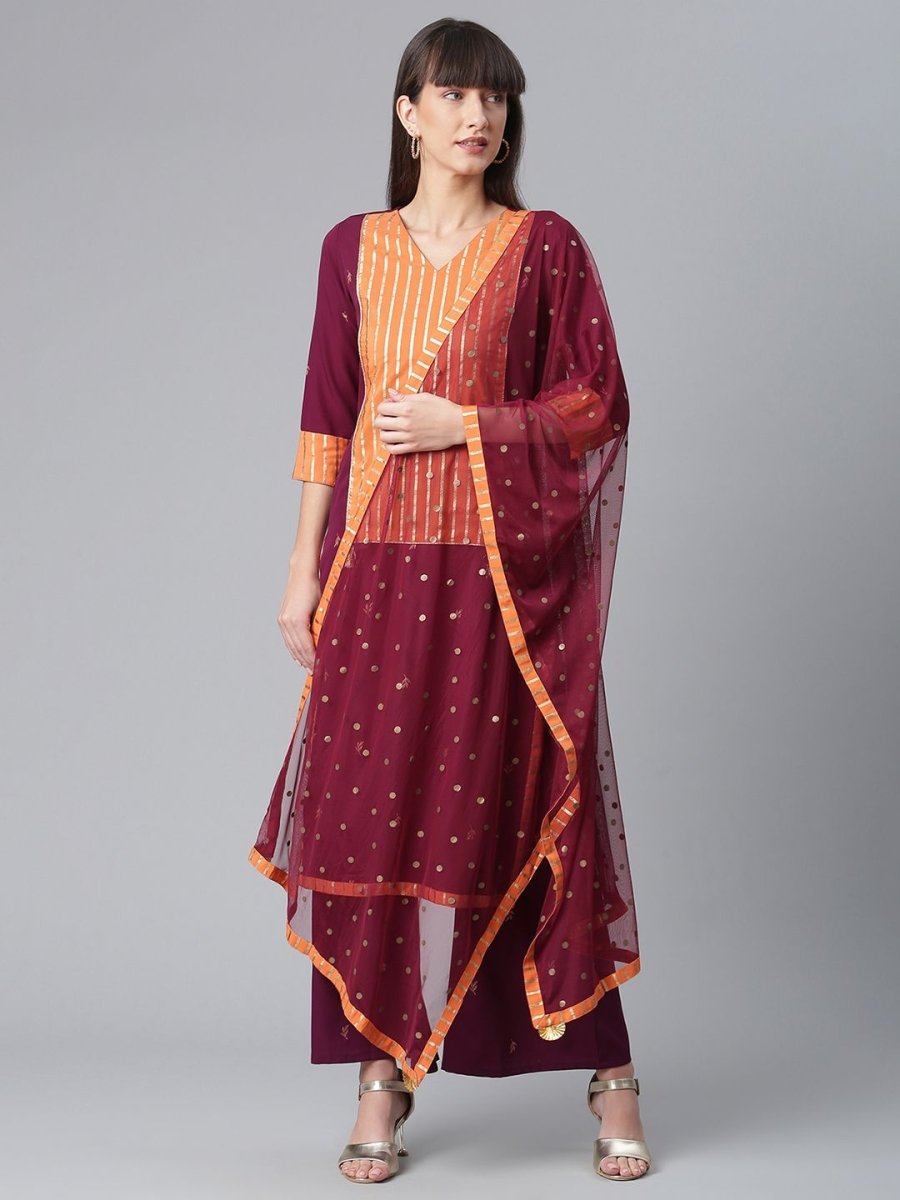 Ahalyaa Wine Crepe Solid Kurta Palazzo Set With Printed Dupatta | Swadesiicart