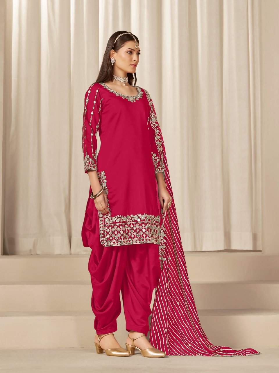 Anaita Red Roman Silk Stitched Suit with Embroidery & Real Mirror Work
