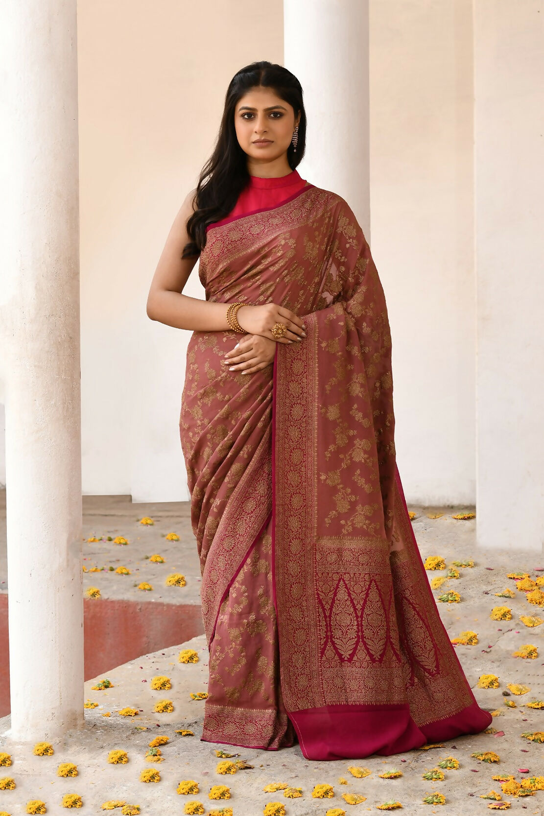 Joban Fashion Rouge Pink Crepe Chiffon Pure Handloom Banarasi Silk Saree | Swadesiicart
