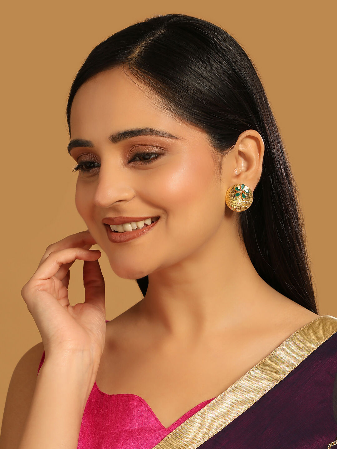 Nuyug 22K Gold-Plated Faux Emerald Stones Studded Circular Floral Shaped Motif Studs | Swadesiicart