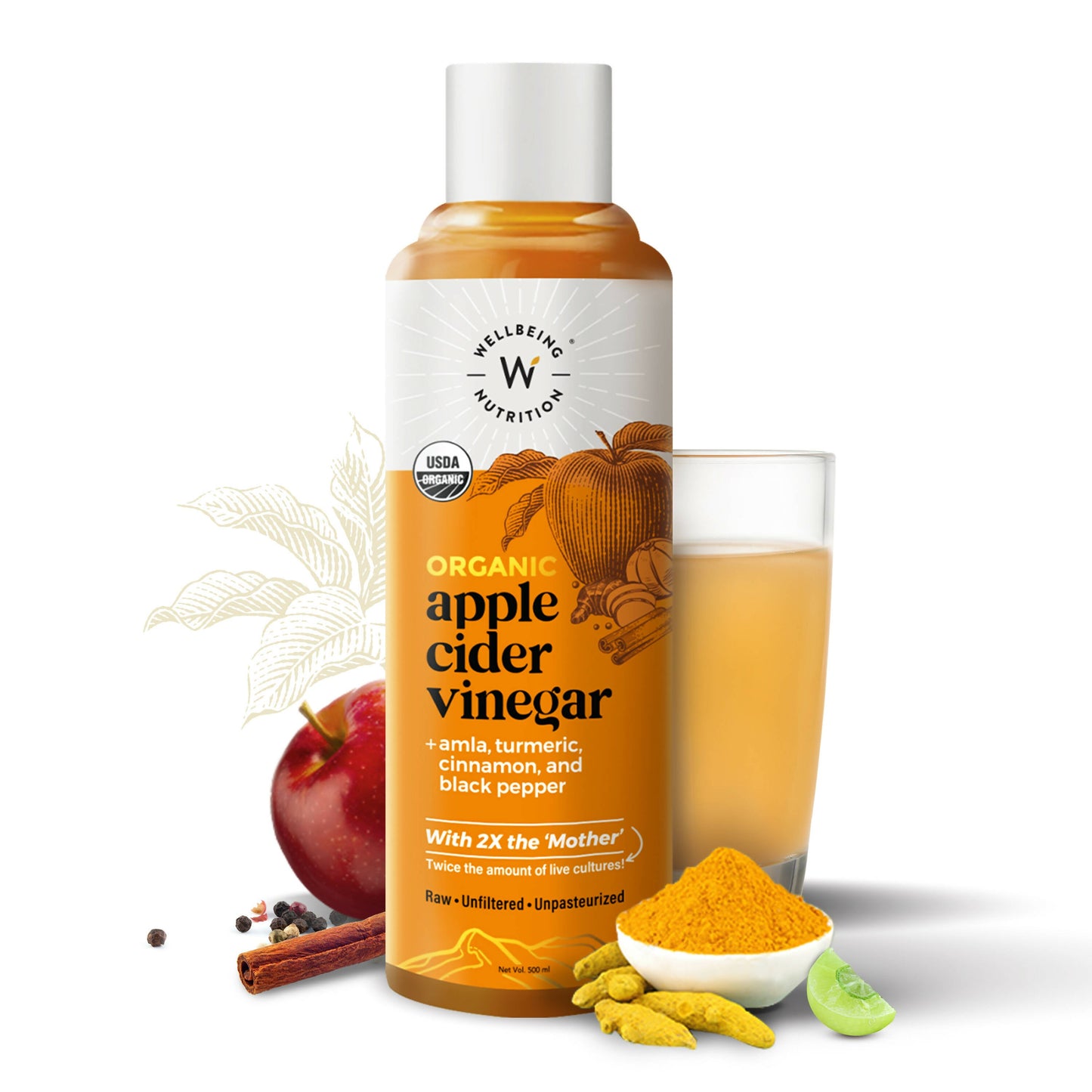 Wellbeing Nutrition Organic Apple Cider Vinegar with 2X Mother - Amla, Turmeric, Cinnamon, and Black Pepper | Swadesiicart