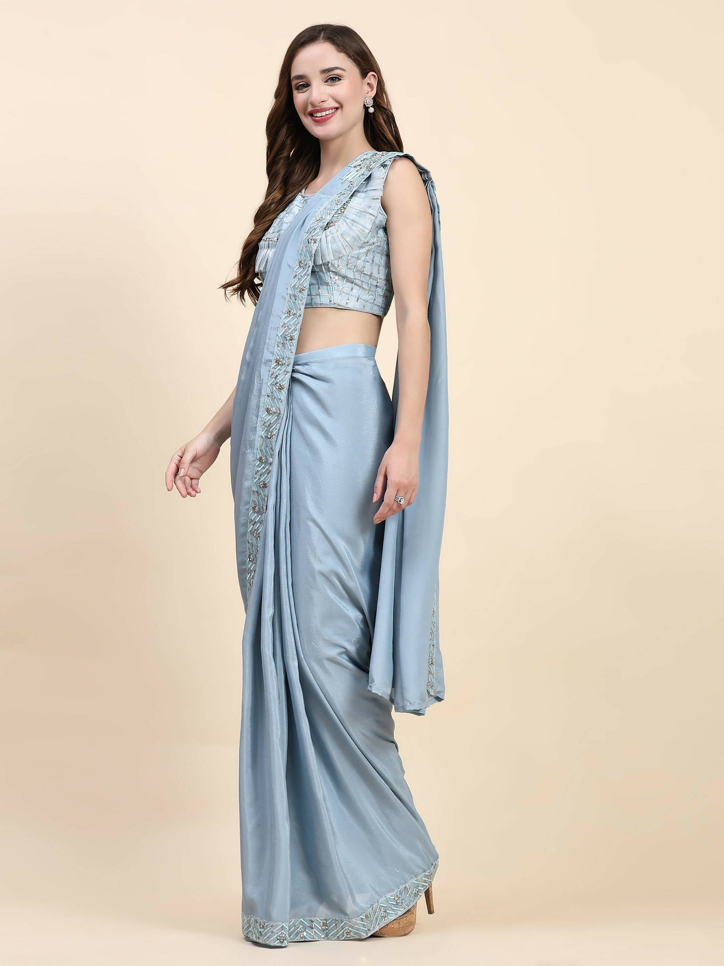 Blue Silk Satin Solid Ready to wear Saree with stitched Blouse - Satiksha | Swadesiicart