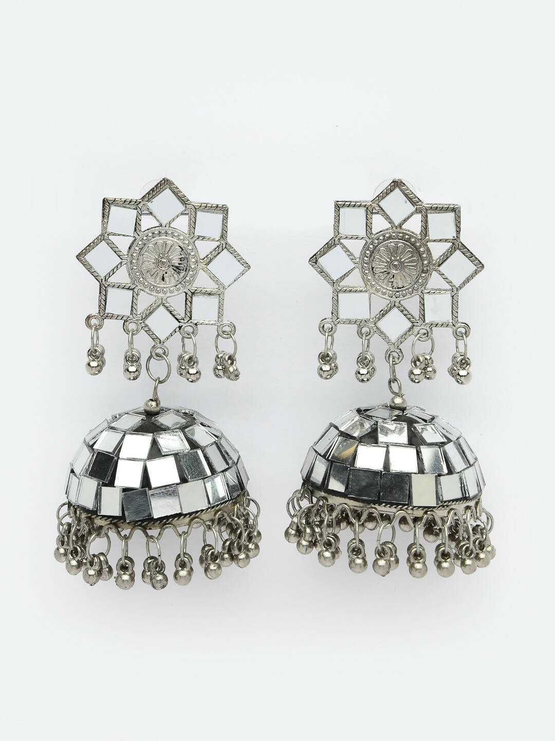 NVR Women Silver Mirror Oxidised Brass-Plated Jhumka Earrings | Swadesiicart