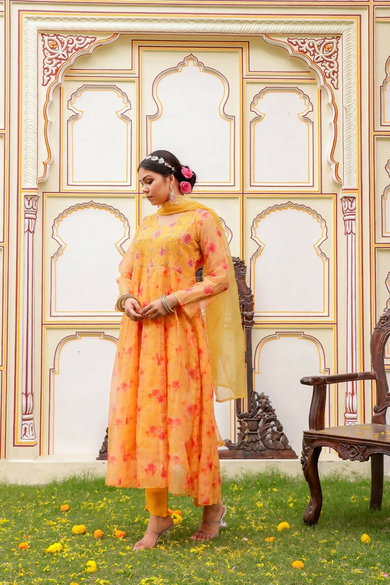Vaasva Women Yellow Organza Floral Embroidered Anarkali Kurta, Pant & Dupatta set | Swadesiicart