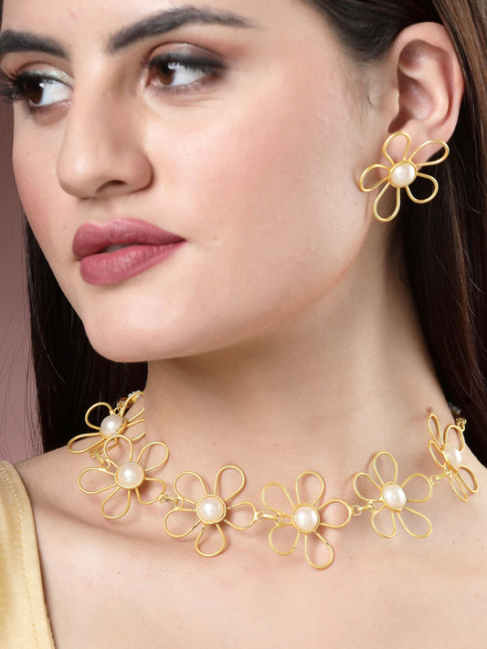 NVR Women's Gold Floral Shape Beaded Handcrafted Jewellery Set - NR Retail-NVR