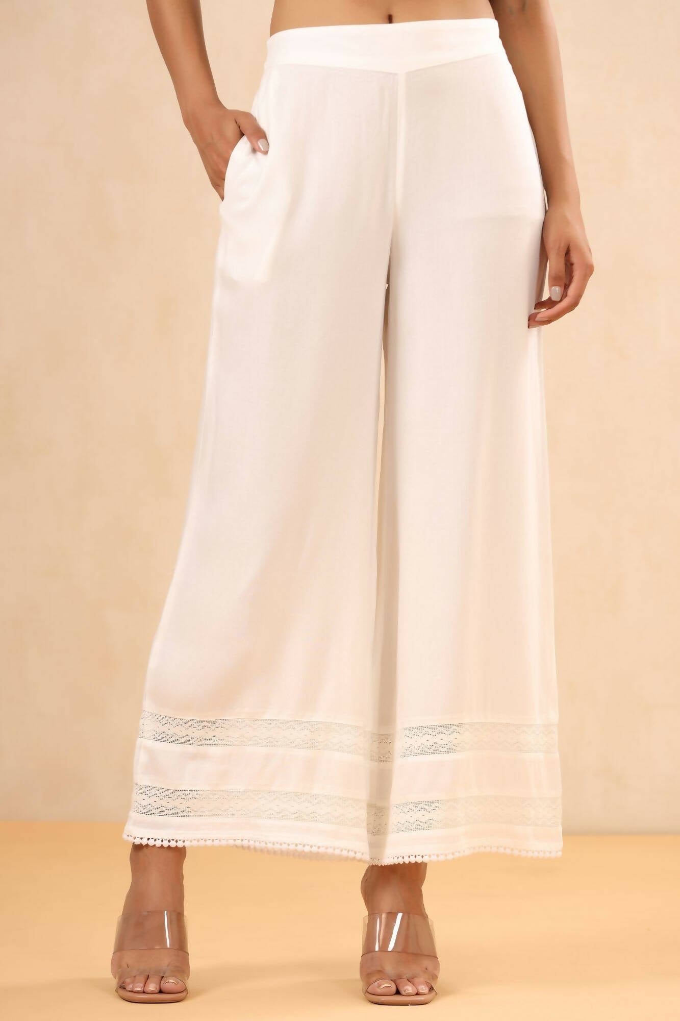 Juniper Women White Rayon Solid Straight Palazzo | Swadesiicart