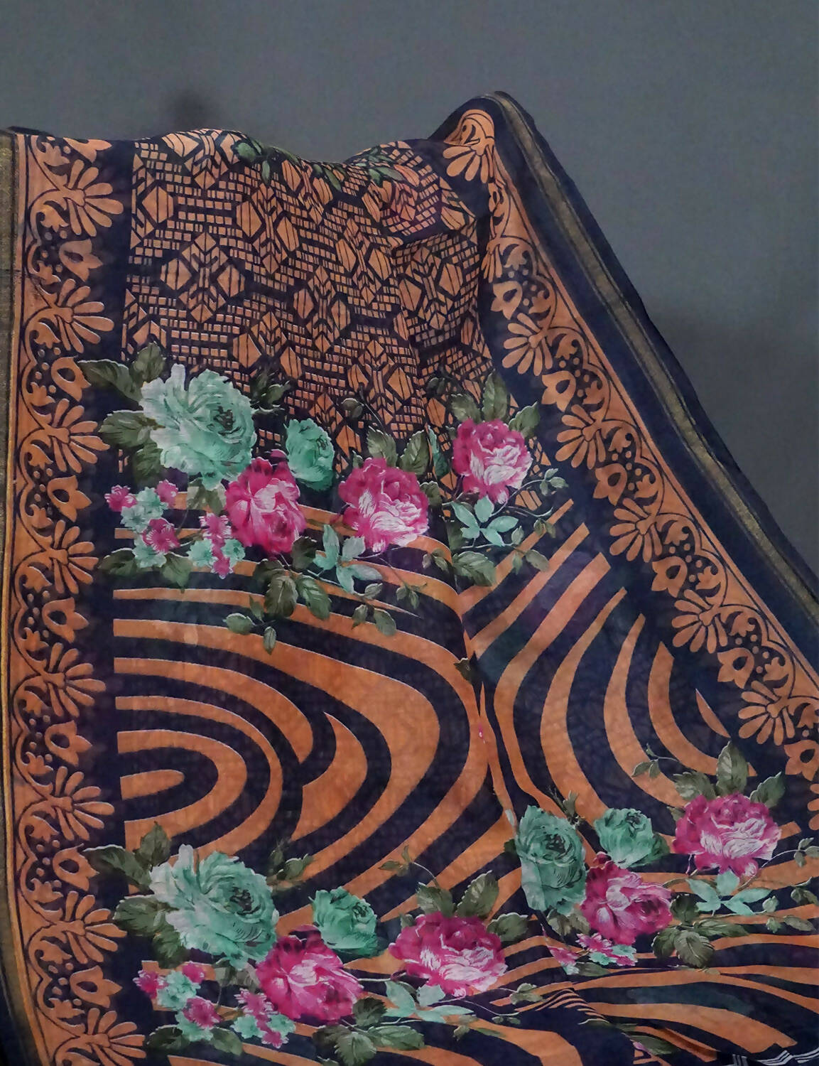 Shades Of Navy Blue Floral Design Semi Chanderi Saree By Gayathri Reddy Designer Studio | Swadesiicart